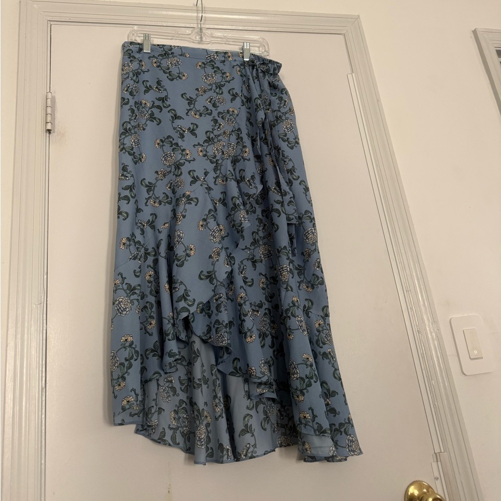 Blue Floral Faux Wrap Midi Skirt